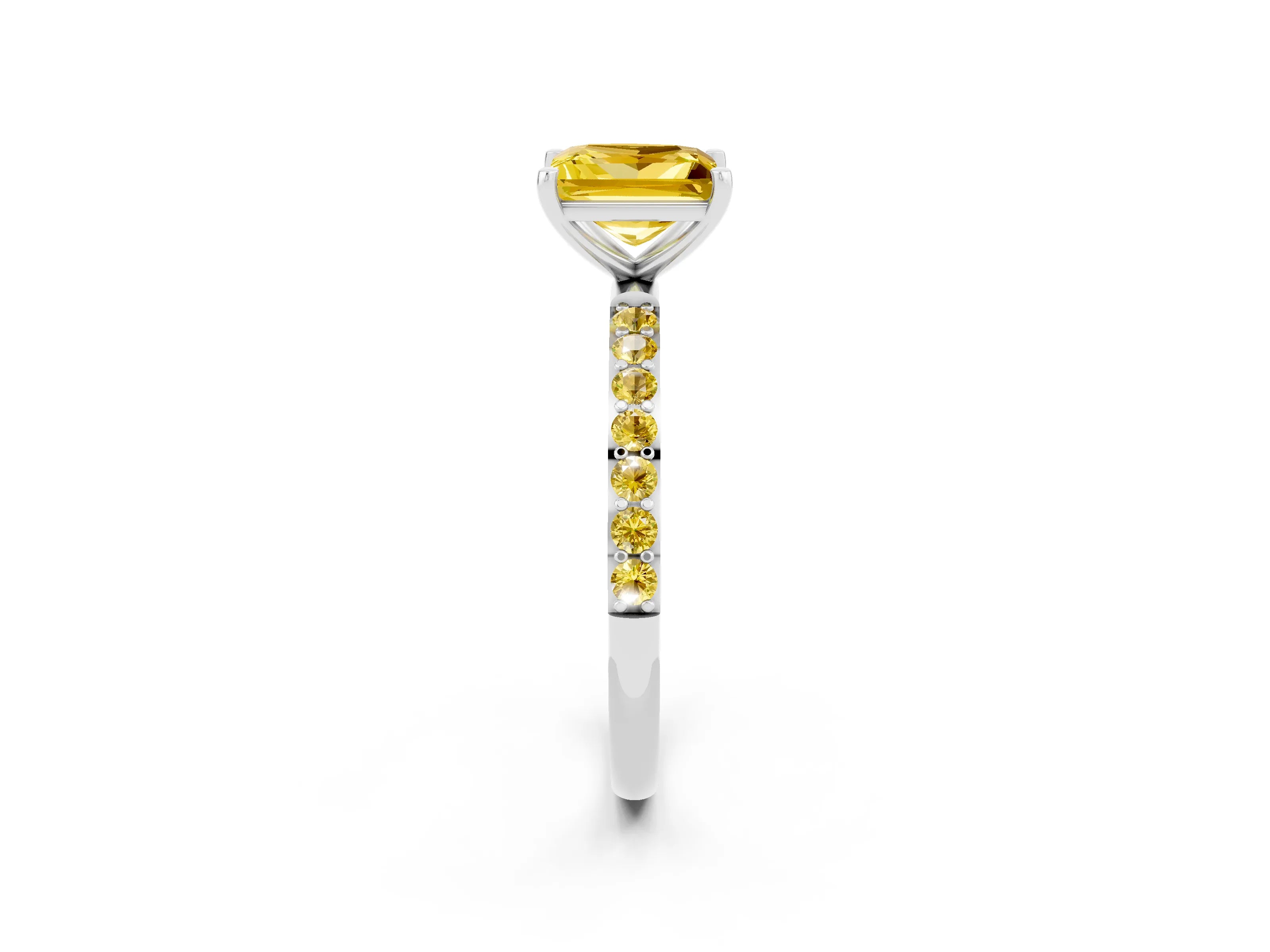 White gold Princess Cut Yellow Sapphire Solitaire Ring with Pave Band and Four Prong Setting_14