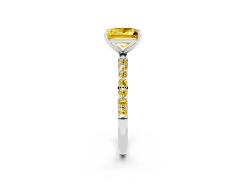 White gold Princess Cut Yellow Sapphire Solitaire Ring with Pave Band and Four Prong Setting_14
