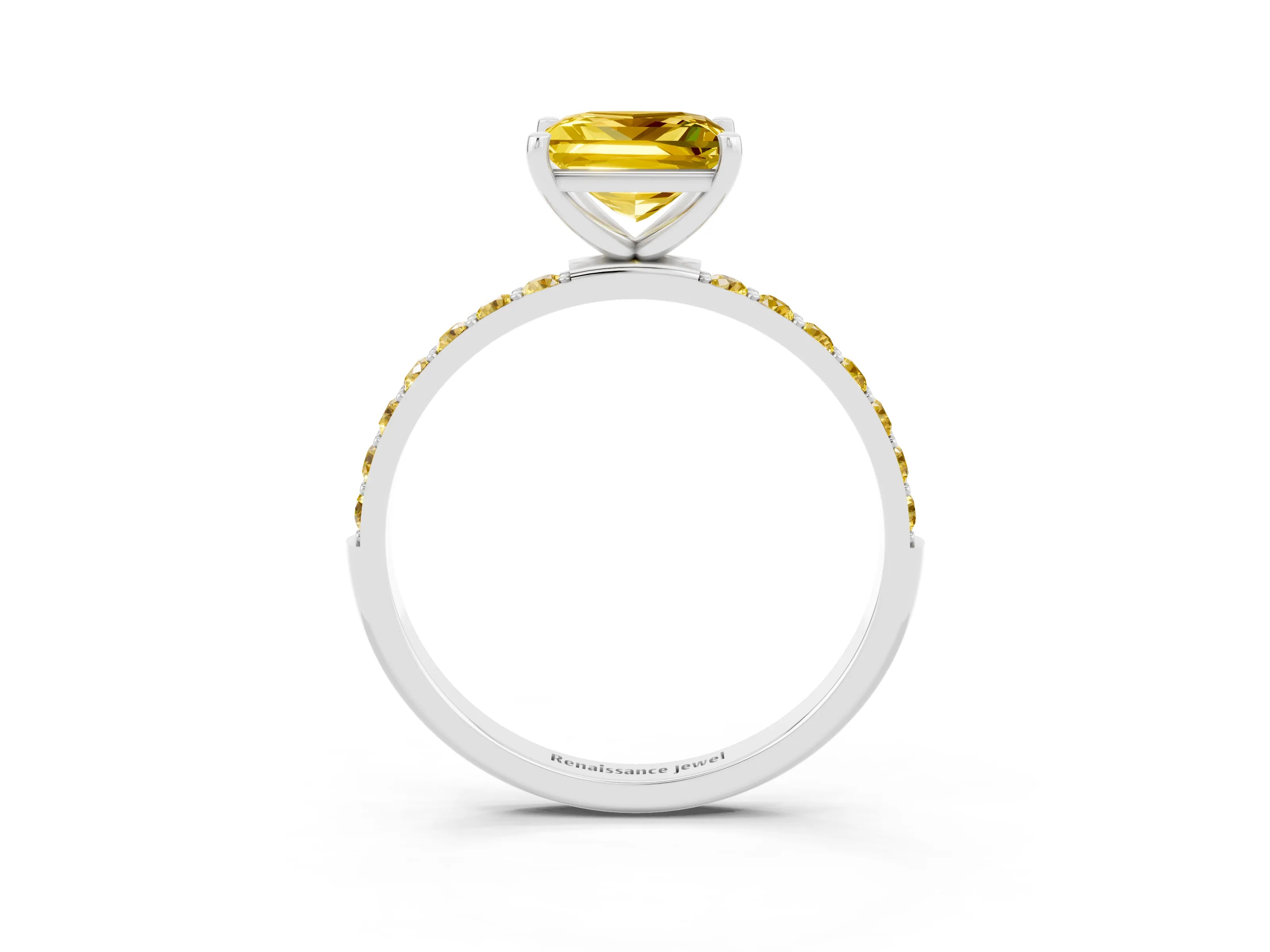 White gold Princess Cut Yellow Sapphire Solitaire Ring with Pave Band and Four Prong Setting_15