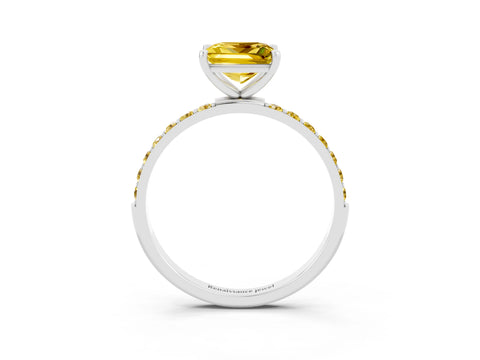 White gold Princess Cut Yellow Sapphire Solitaire Ring with Pave Band and Four Prong Setting_15