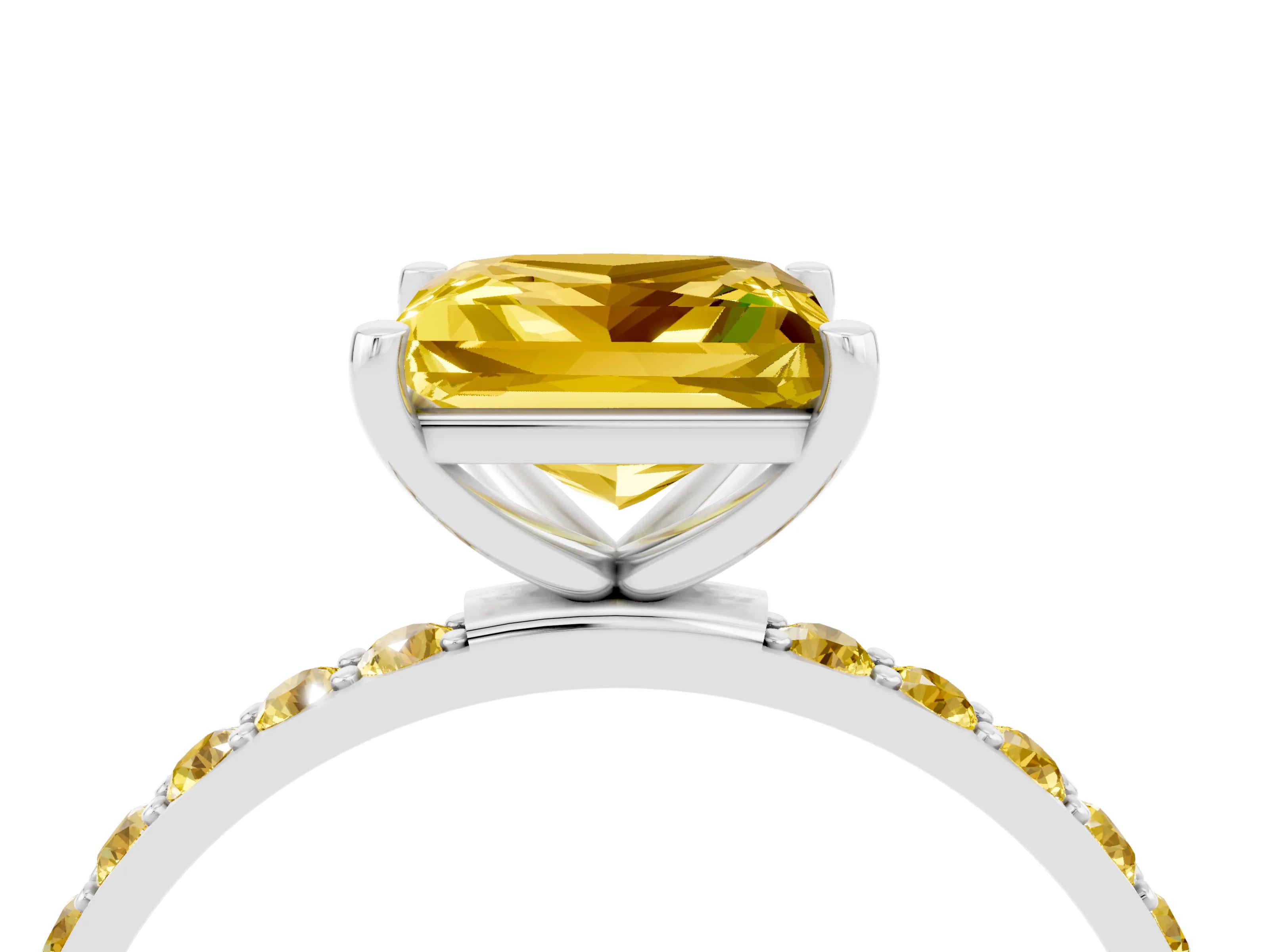 White gold Princess Cut Yellow Sapphire Solitaire Ring with Pave Band and Four Prong Setting_16