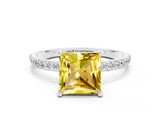 White gold Princess Cut Yellow Sapphire Solitaire Ring with Pave Band and Four Prong Setting_48