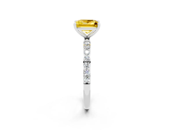 Platinum Princess Cut Yellow Sapphire Solitaire Ring with Round  Pavé Band and Prong Setting