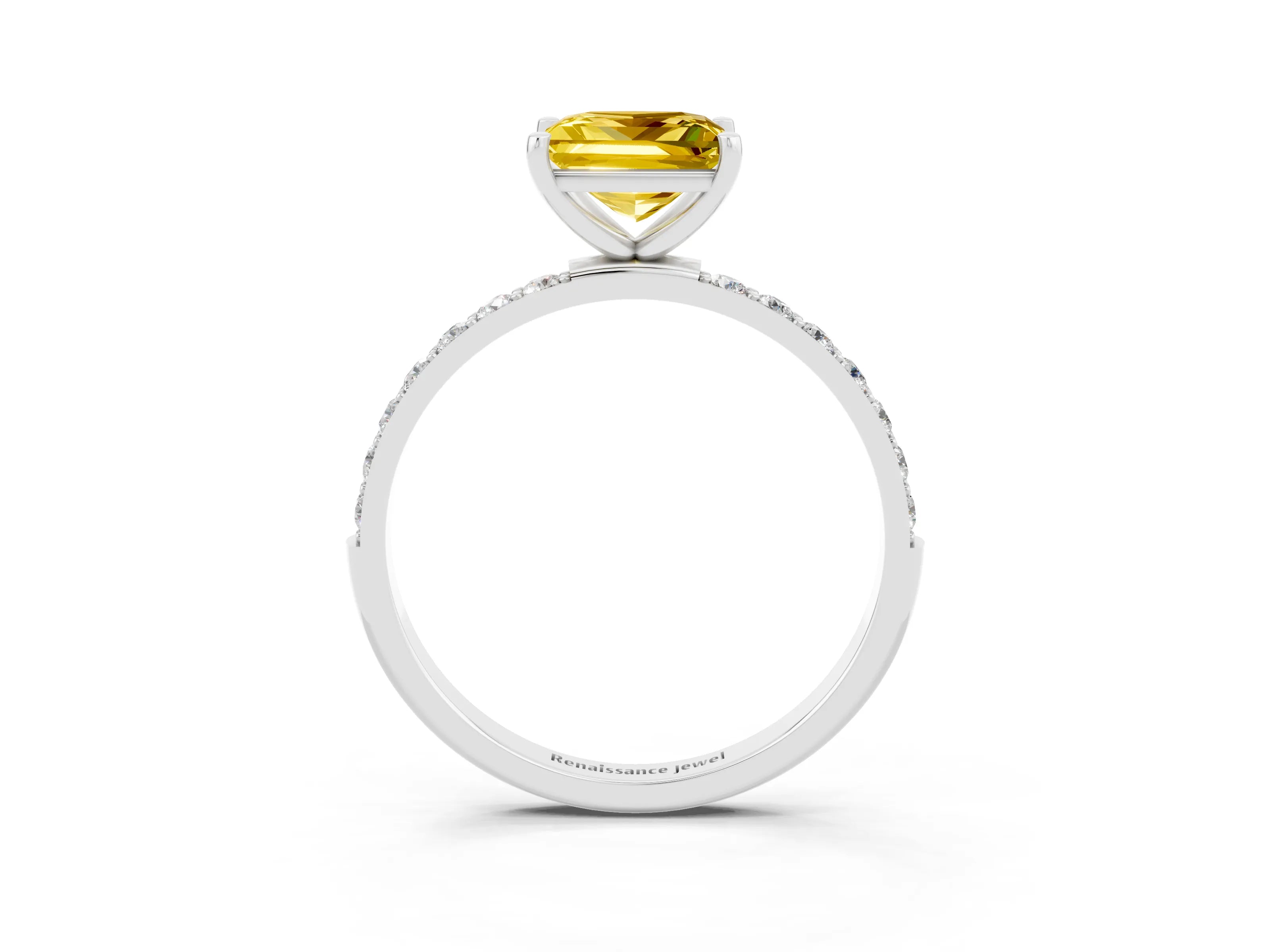 White gold Princess Cut Yellow Sapphire Solitaire Ring with Pave Band and Four Prong Setting_51