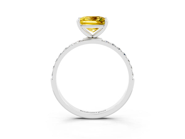 White gold Princess Cut Yellow Sapphire Solitaire Ring with Round  Pavé Band and Prong Setting