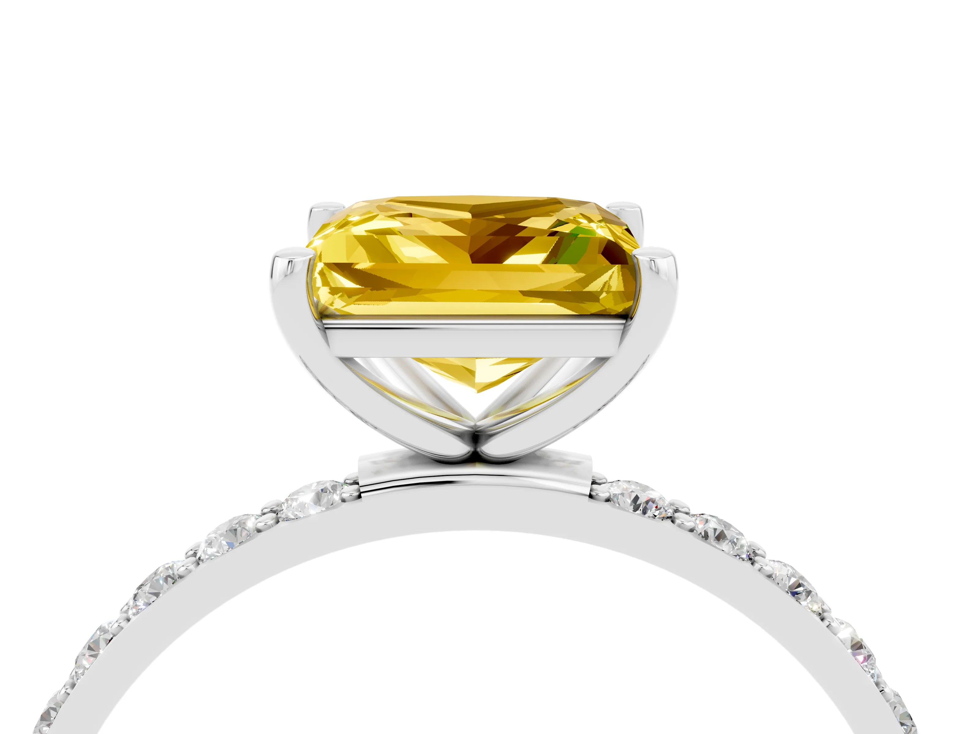 White gold Princess Cut Yellow Sapphire Solitaire Ring with Pave Band and Four Prong Setting_52