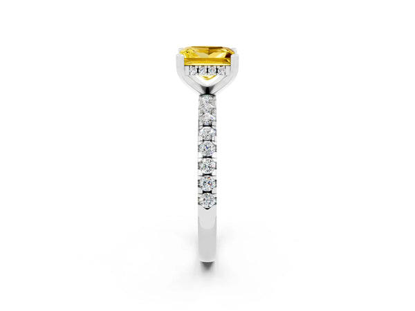 White gold Princess Cut Yellow Sapphire Solitaire Ring with Round Pavé Band and Four-Prong Setting