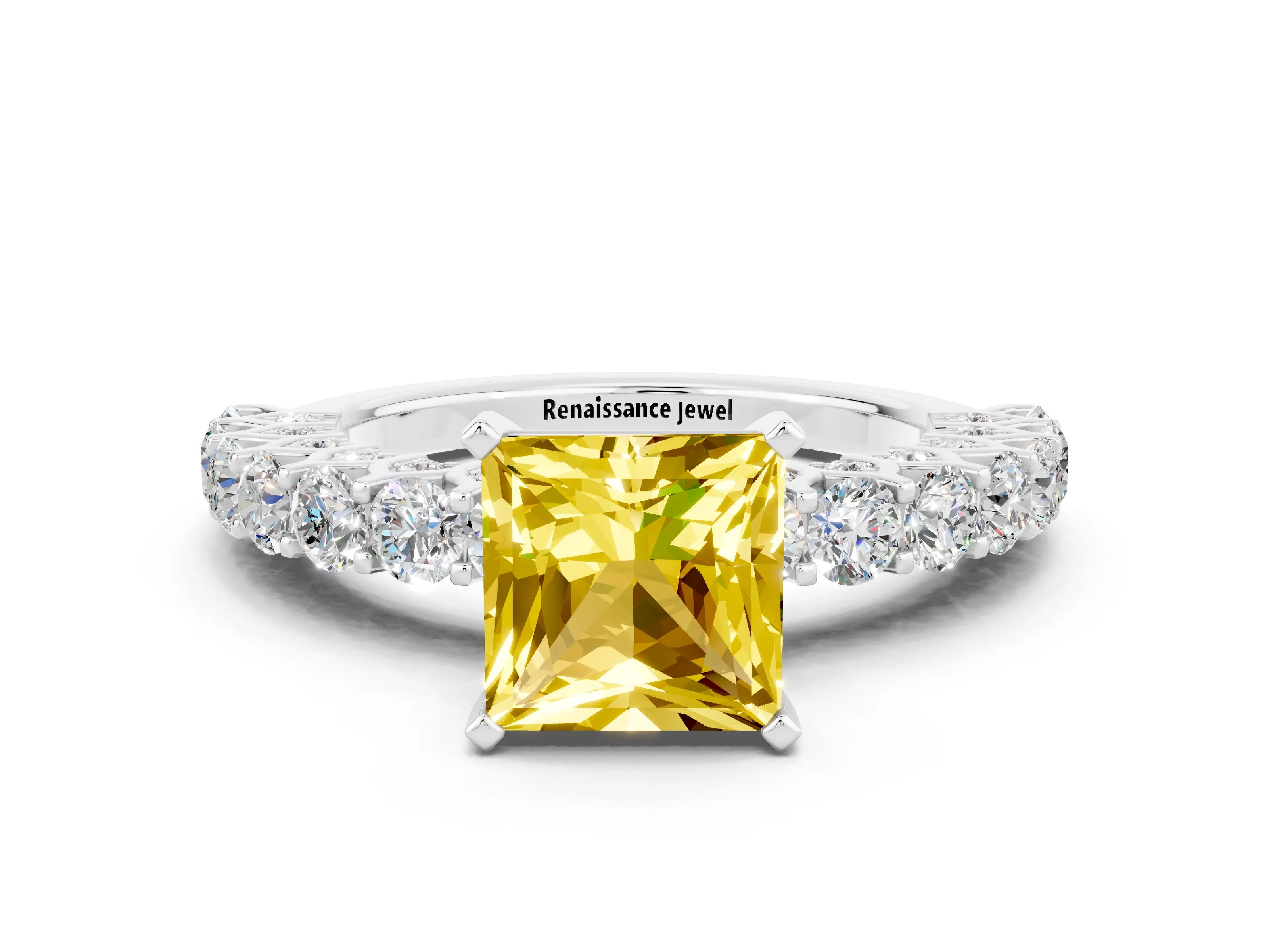 White gold Princess Cut Yellow Sapphire Solitaire Ring with Shared Prong Pavé Band and Four-Prong Setting