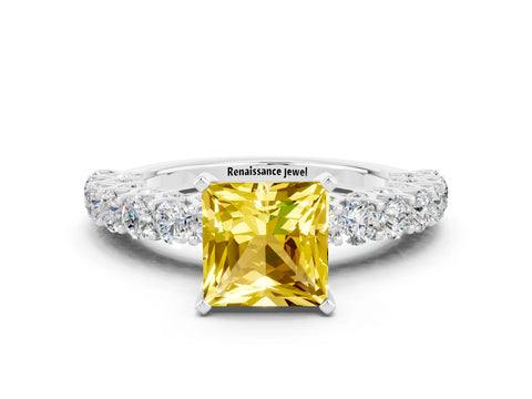 White gold Princess Cut Yellow Sapphire Solitaire Ring with Shared Prong Pavé Band and Four-Prong Setting