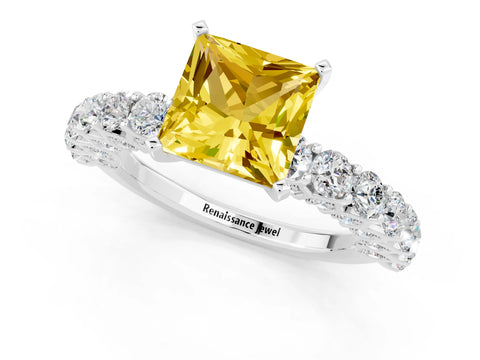 White gold Princess Cut Yellow Sapphire Solitaire Ring with Shared Prong Pavé Band and Four-Prong Setting_1