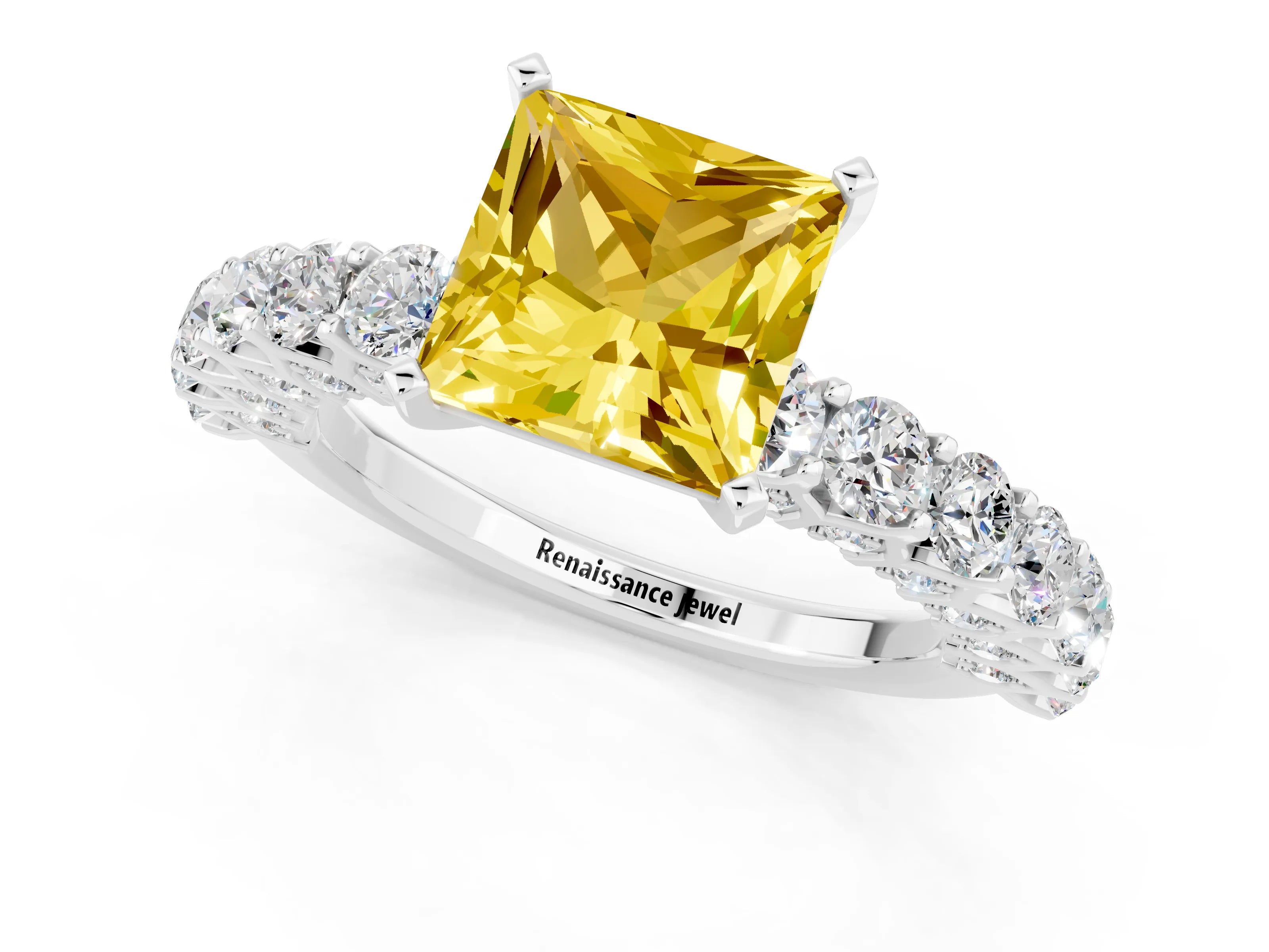 White gold Princess Cut Yellow Sapphire Solitaire Ring with Shared Prong Pavé Band and Four-Prong Setting_1
