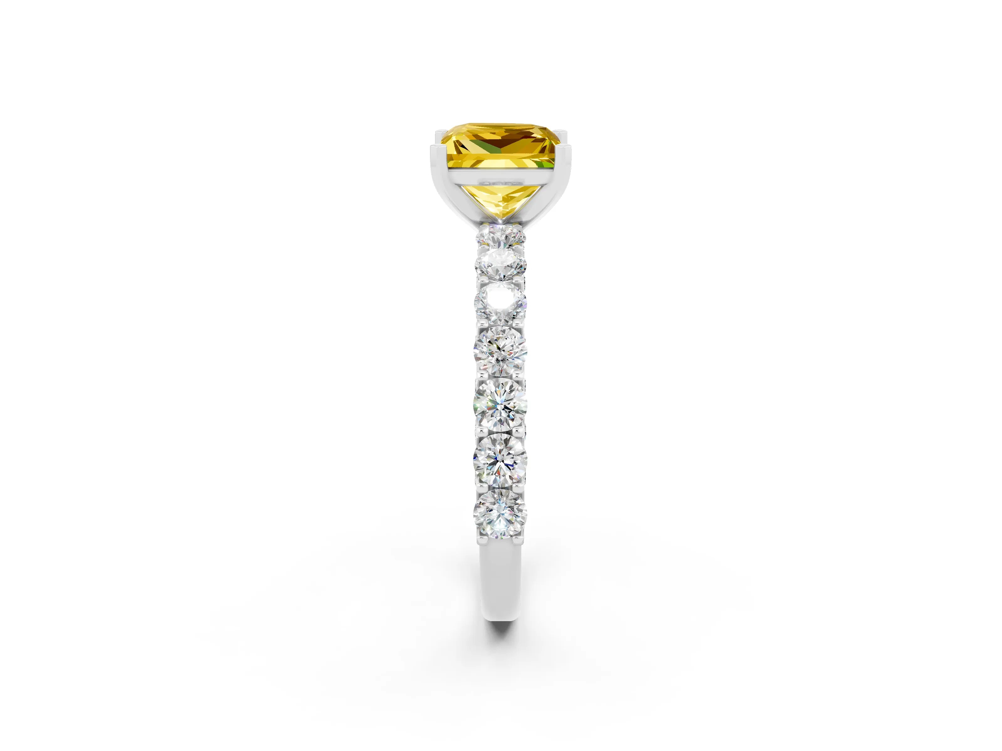 White gold Princess Cut Yellow Sapphire Solitaire Ring with Shared Prong Pavé Band and Four-Prong Setting_2