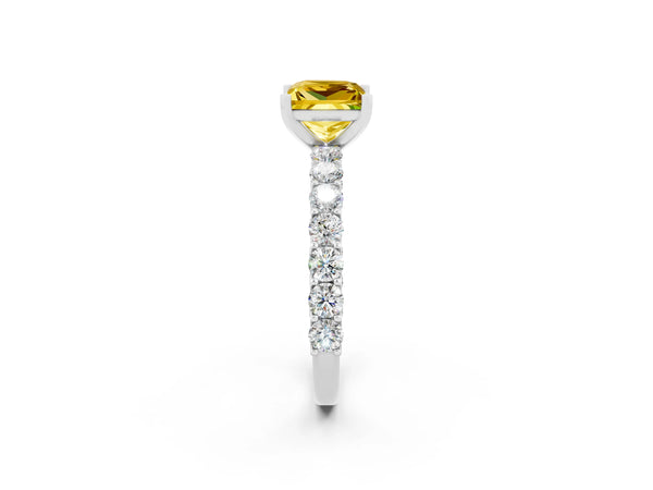 Platinum Princess Cut Yellow Sapphire Solitaire Ring with Shared Prong Pavé Band and Four-Prong Setting