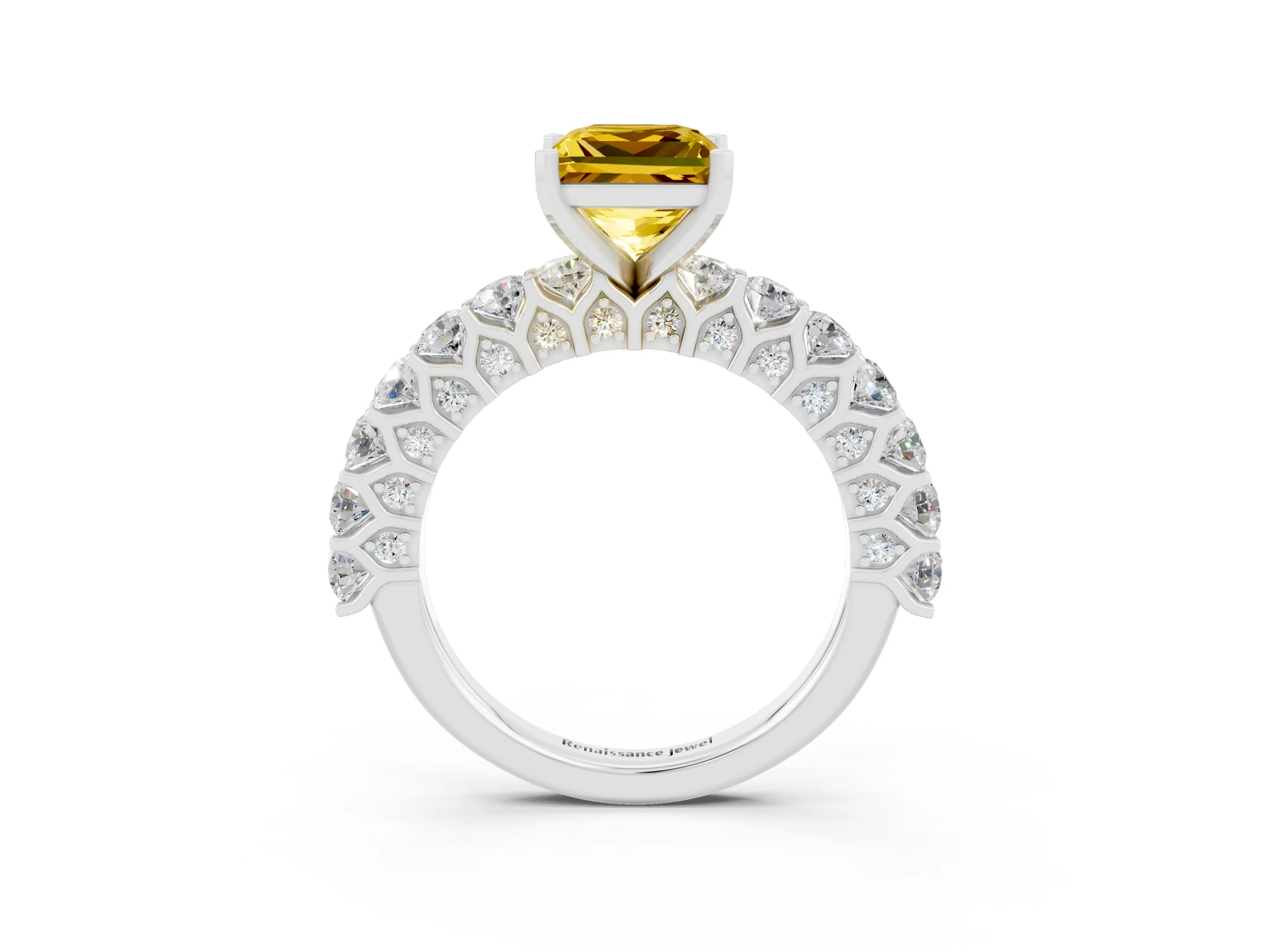 White gold Princess Cut Yellow Sapphire Solitaire Ring with Shared Prong Pavé Band and Four-Prong Setting_3