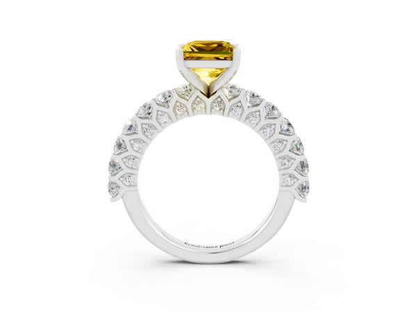 Silver Princess Cut Yellow Sapphire Solitaire Ring with Shared Prong Pavé Band and Four-Prong Setting