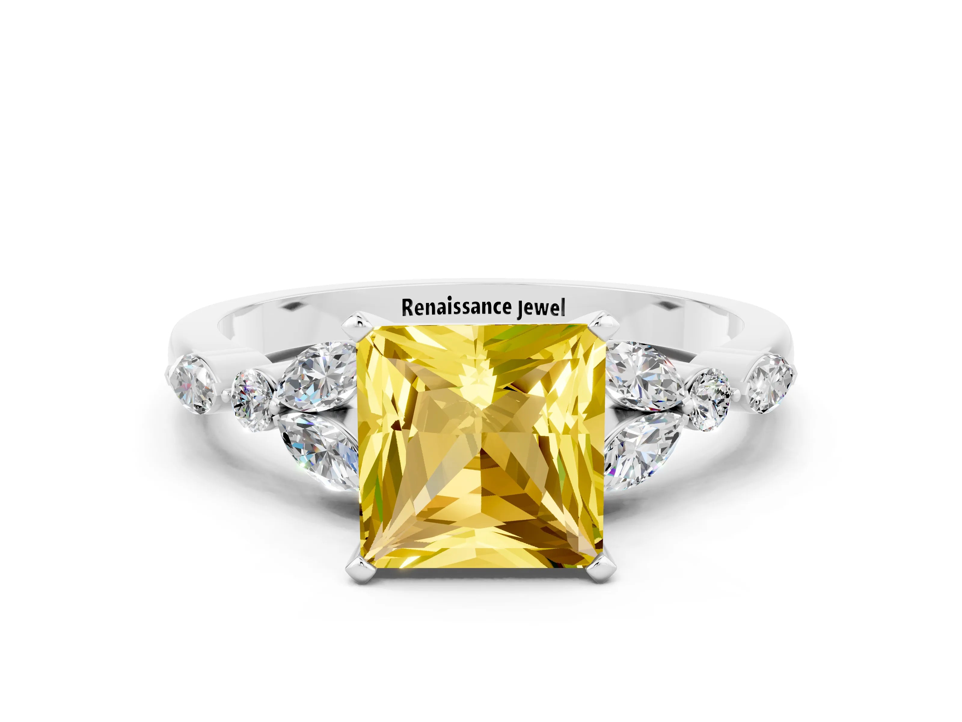 White gold Princess Cut Yellow Sapphire Solitaire Ring with Side Stones and Four-Prong Setting_12