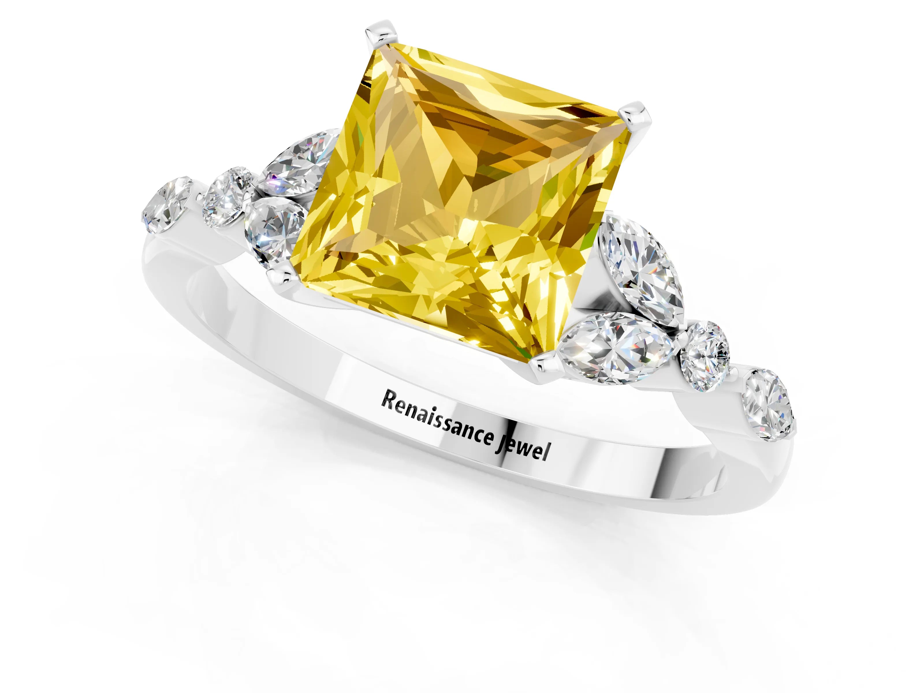 White gold Princess Cut Yellow Sapphire Solitaire Ring with Side Stones and Four-Prong Setting_13