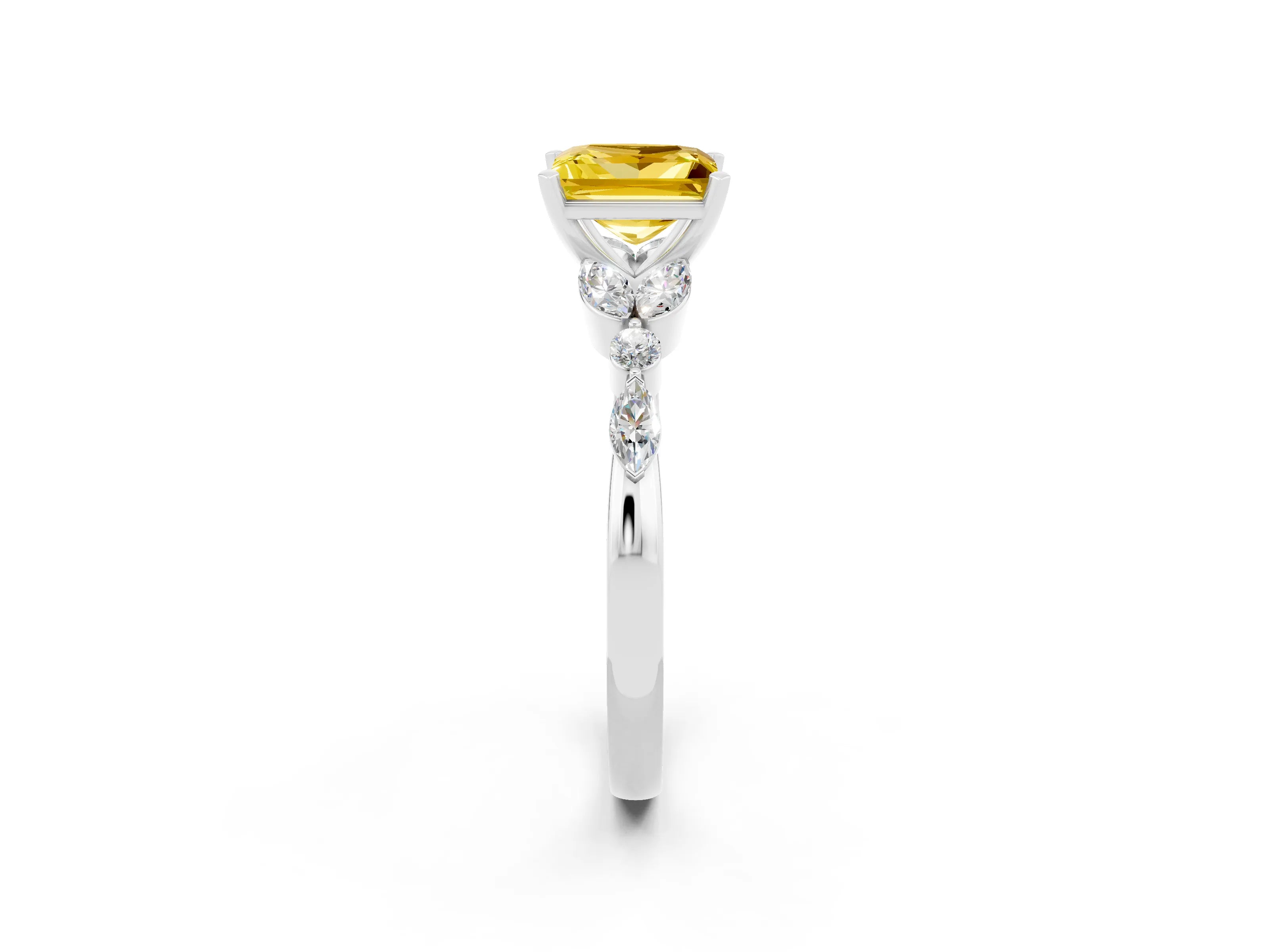 White gold Princess Cut Yellow Sapphire Solitaire Ring with Side Stones and Four-Prong Setting_14