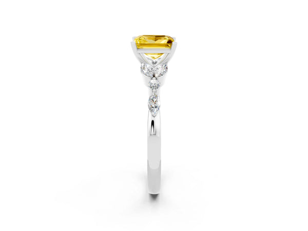 Silver Princess Cut Yellow Sapphire Solitaire Ring with Side Stones and Four-Prong Setting