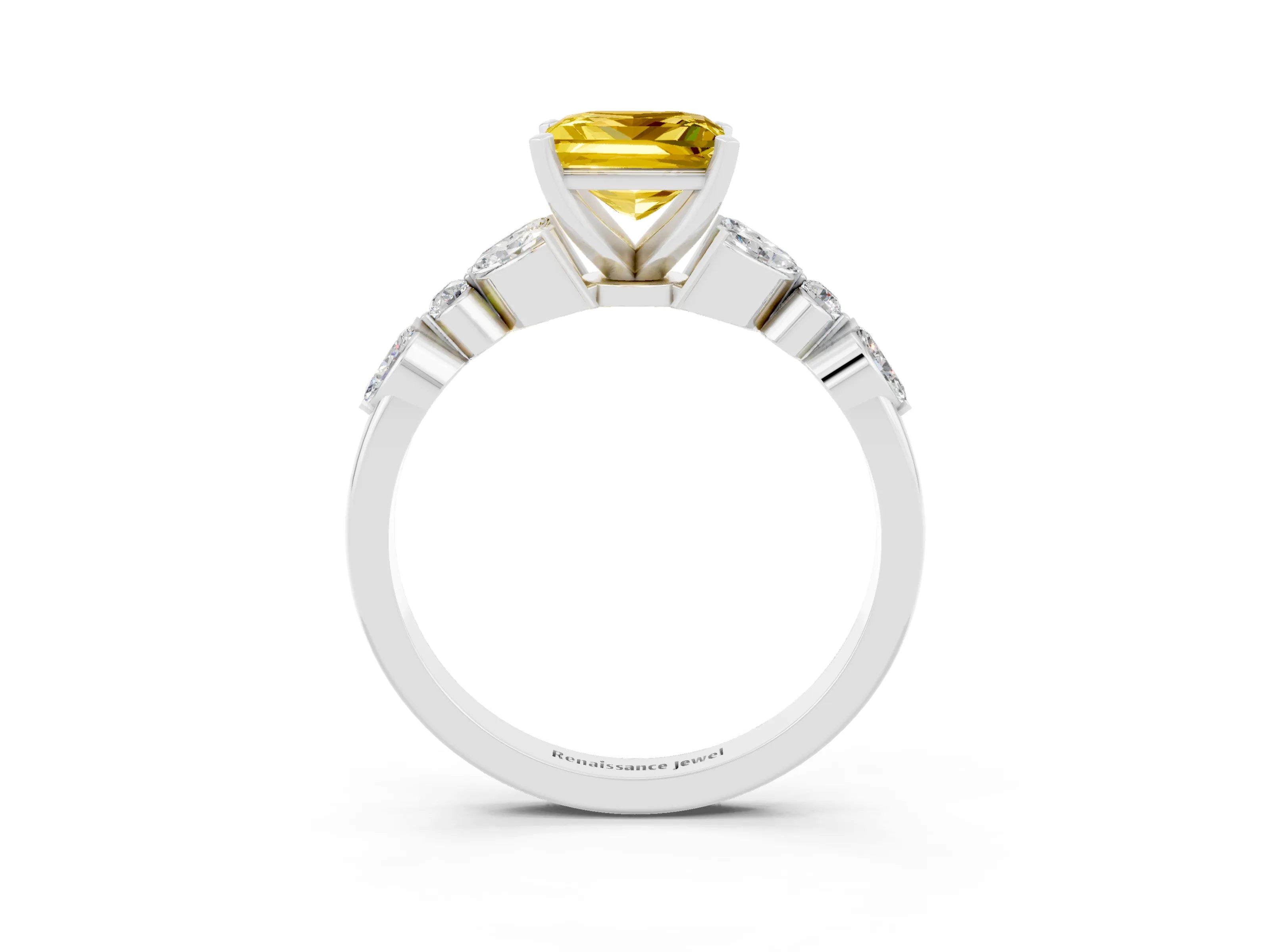White gold Princess Cut Yellow Sapphire Solitaire Ring with Side Stones and Four-Prong Setting_15