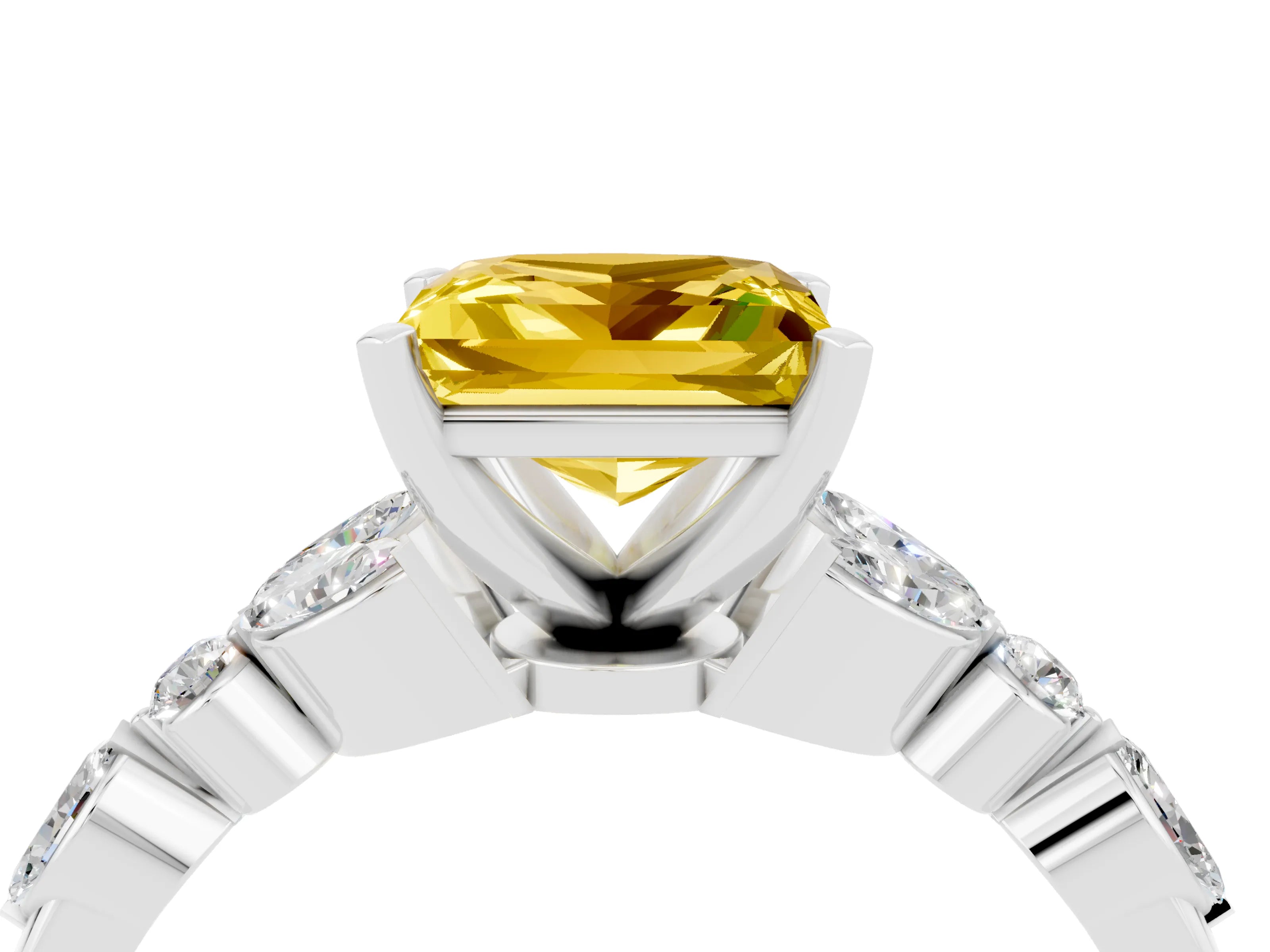 White gold Princess Cut Yellow Sapphire Solitaire Ring with Side Stones and Four-Prong Setting_16