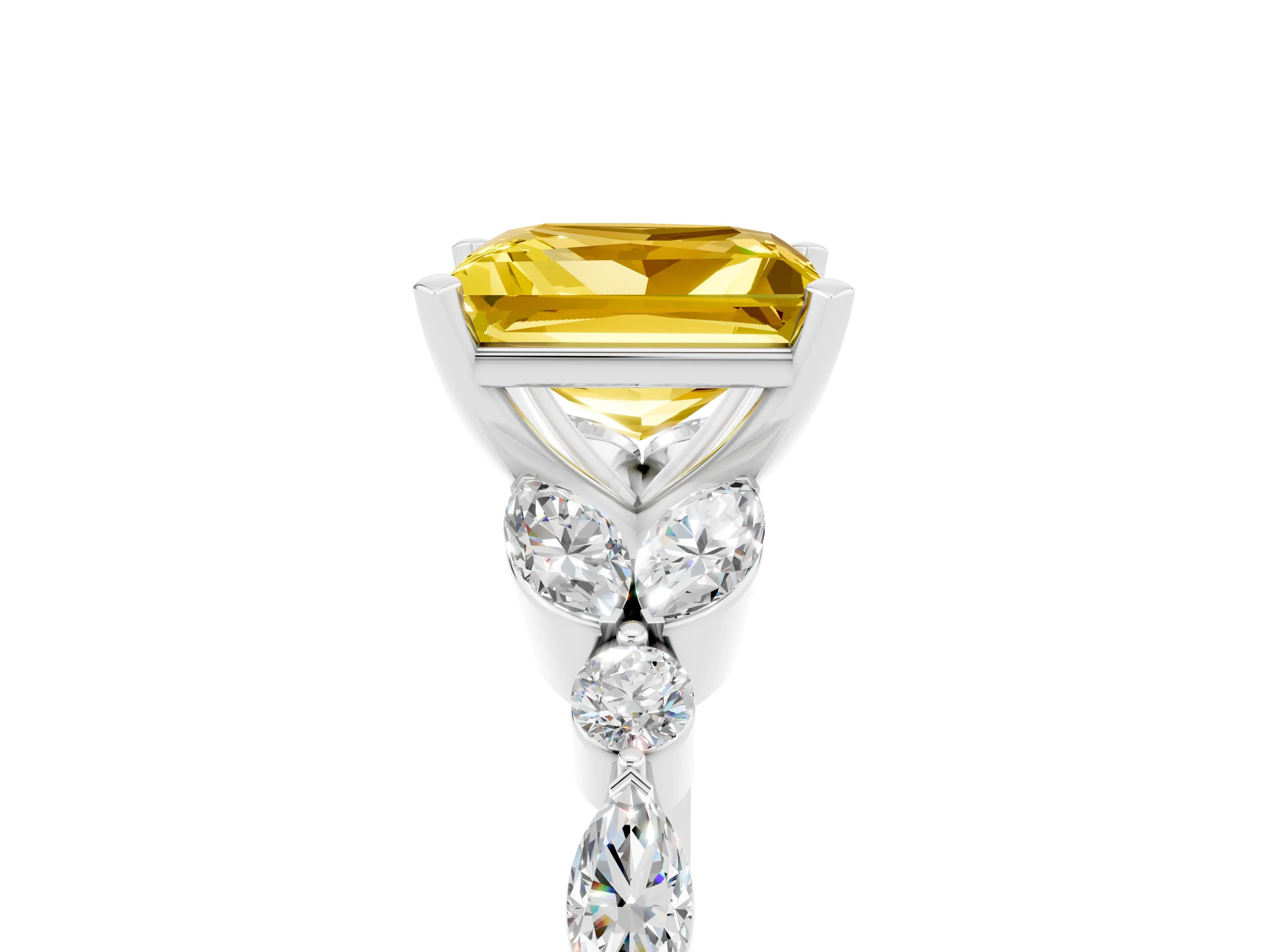 White gold Princess Cut Yellow Sapphire Solitaire Ring with Side Stones and Four-Prong Setting_17