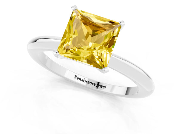 Platinum Princess Cut Yellow Sapphire Solitaire Ring with Six-Prong Setting and Classic Band