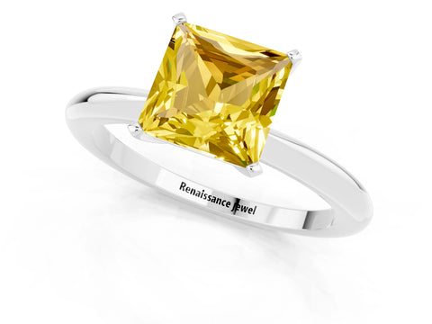 White gold Princess Cut Yellow Sapphire Solitaire Ring with Six-Prong Setting and Classic Band_25