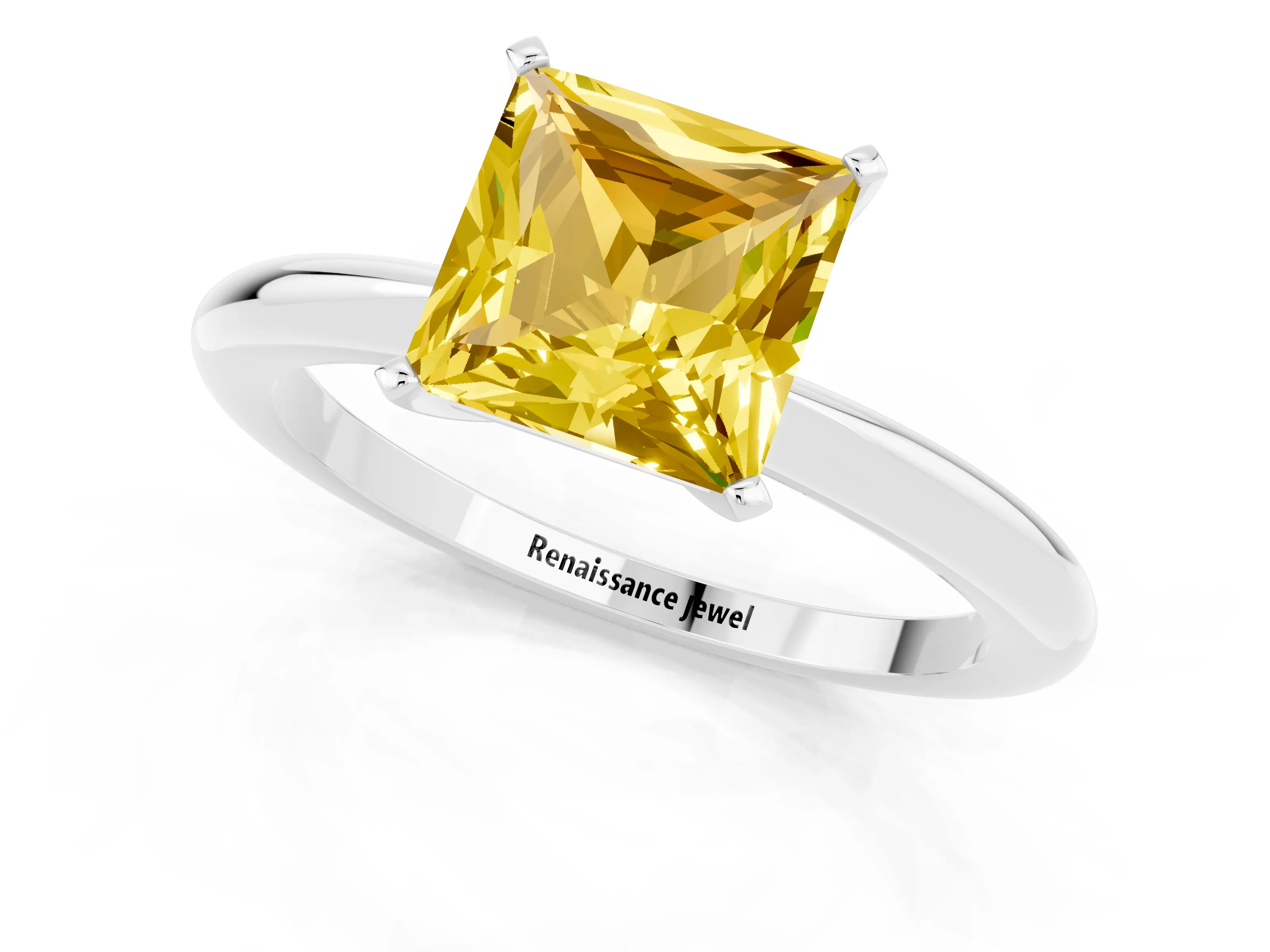 White gold Princess Cut Yellow Sapphire Solitaire Ring with Six-Prong Setting and Classic Band_37