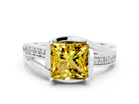 White gold Princess Cut Yellow Sapphire Solitaire Ring with Split Shank and Prong Setting