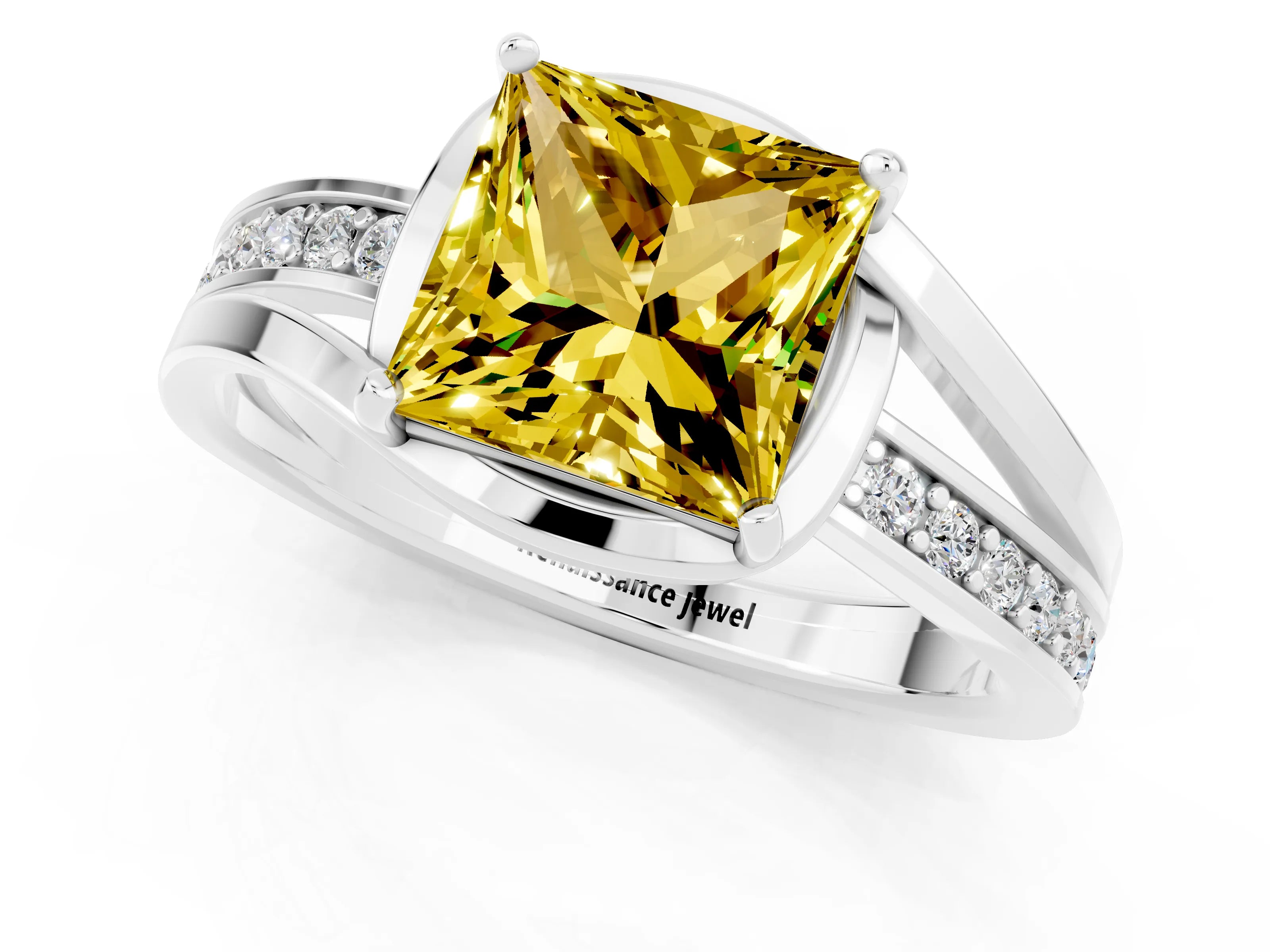 White gold Princess Cut Yellow Sapphire Solitaire Ring with Split Shank and Prong Setting_1