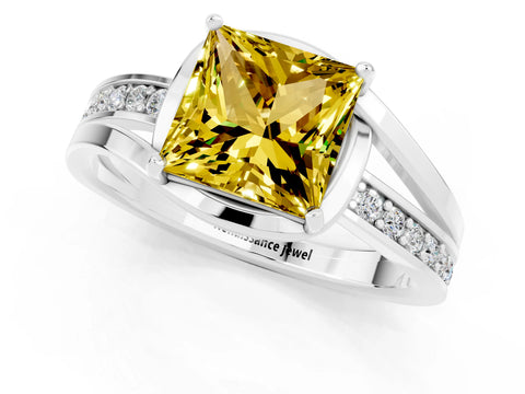 White gold Princess Cut Yellow Sapphire Solitaire Ring with Split Shank and Prong Setting_1