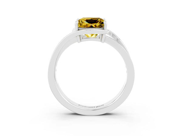 Platinum Princess Cut Yellow Sapphire Solitaire Ring with Split Shank and Prong Setting