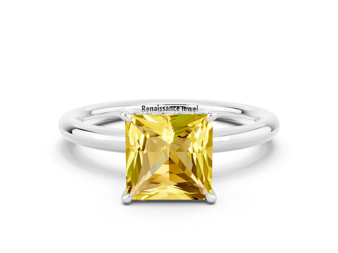 White gold Princess Cut Yellow Sapphire Solitaire Ring with Thin Band and Four-Prong Setting_24