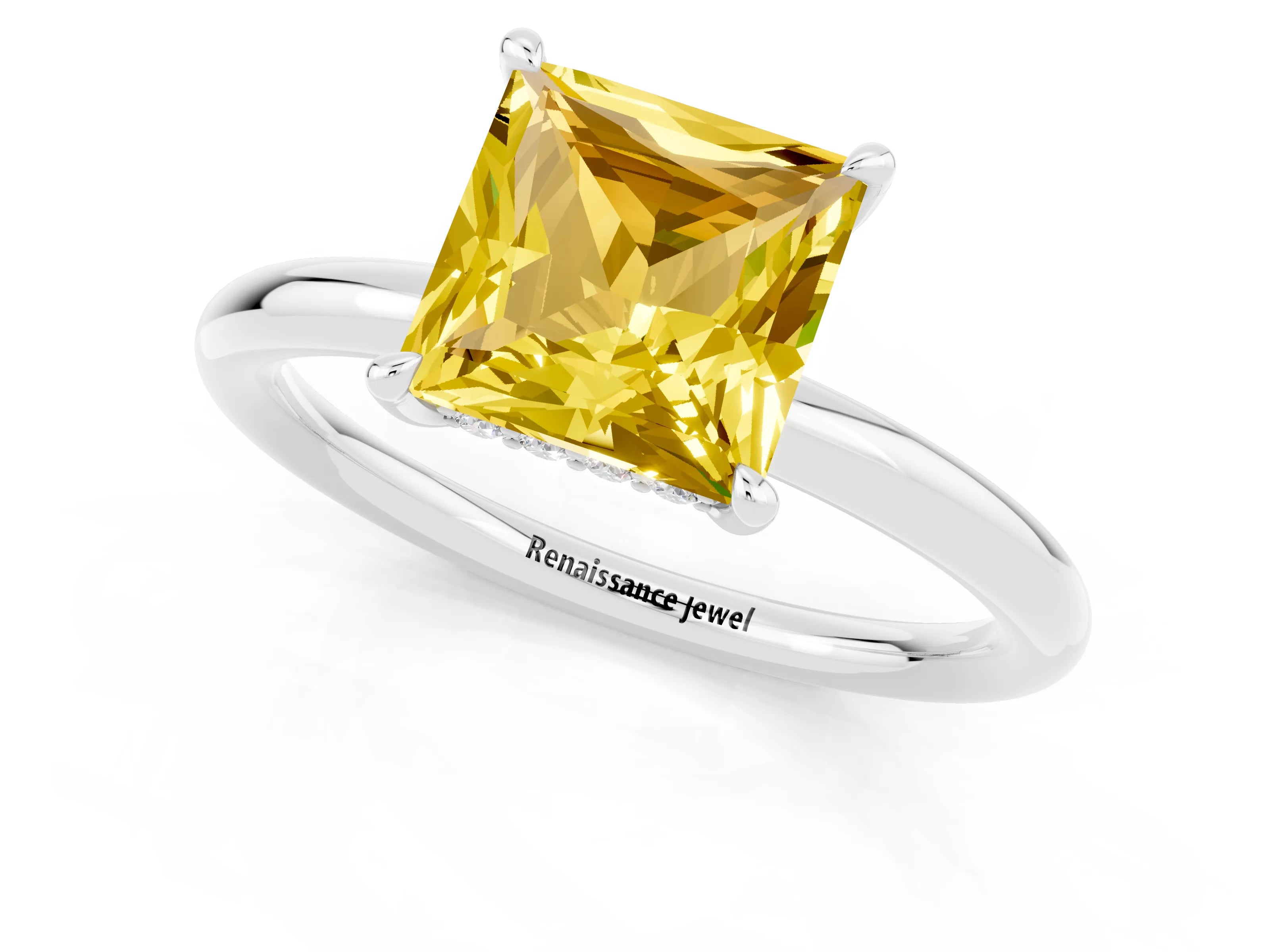 White gold Princess Cut Yellow Sapphire Solitaire Ring with Thin Band and Four-Prong Setting_25
