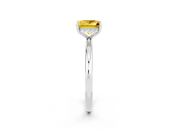 White gold Princess Cut Yellow Sapphire Solitaire Ring with Thin Band and Four-Prong Setting
