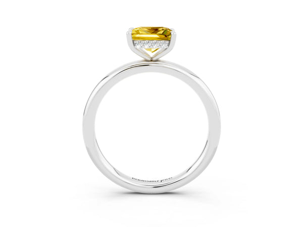 White gold Princess Cut Yellow Sapphire Solitaire Ring with Thin Band and Four-Prong Setting