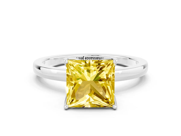 Silver Princess Cut Yellow Sapphire Solitaire Ring with Thin Band and Prong Setting