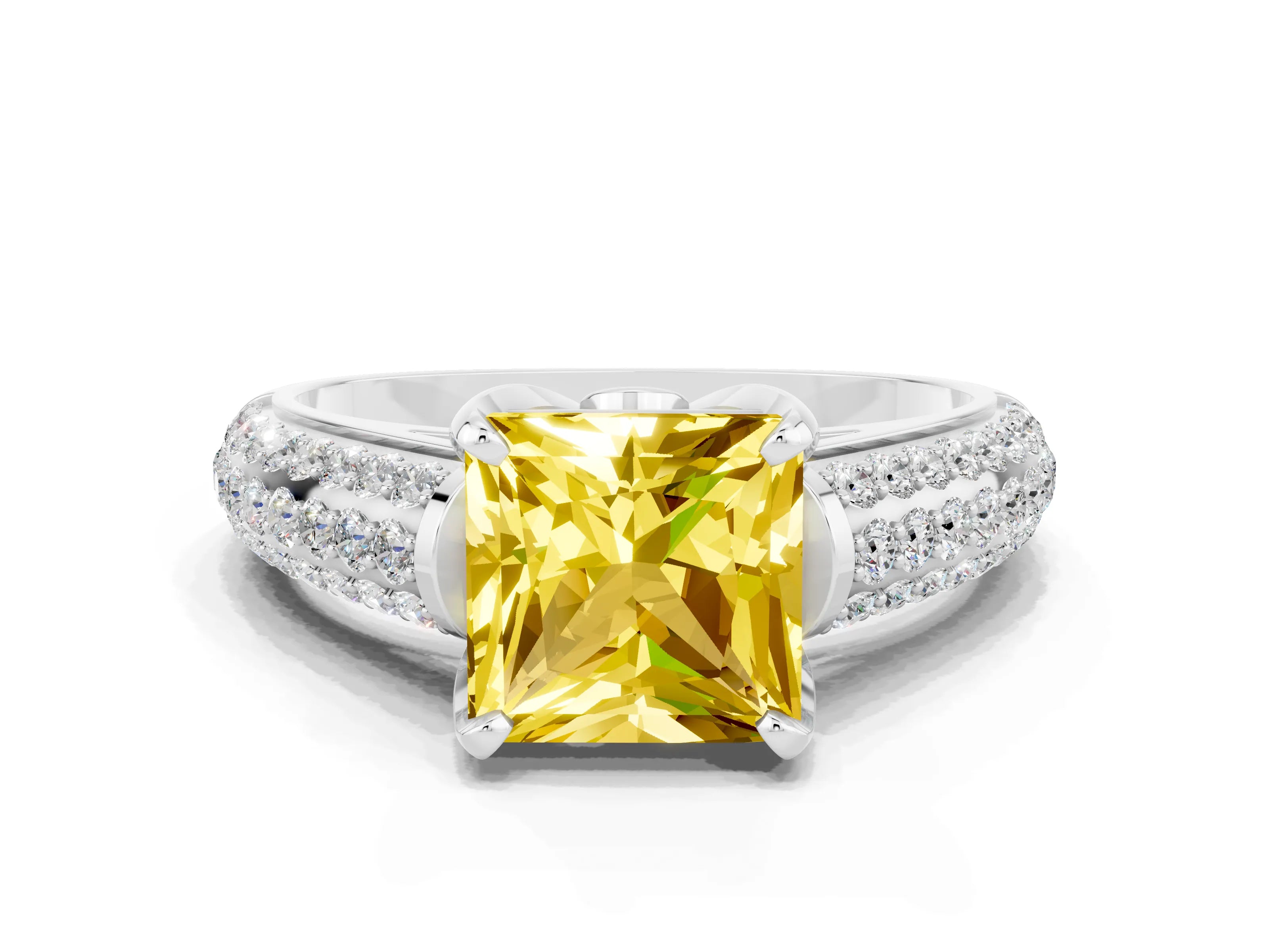 White gold Princess Cut Yellow Sapphire Solitaire Ring with Three-Row Pavé Band and Four-Prong Setting_12