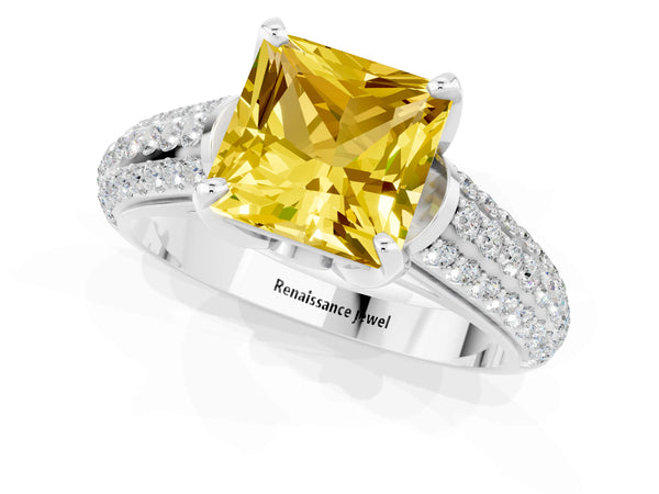 Platinum Princess Cut Yellow Sapphire Solitaire Ring with Three-Row Pavé Band and Four-Prong Setting