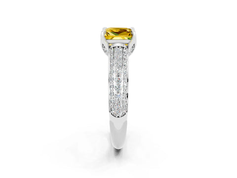 White gold Princess Cut Yellow Sapphire Solitaire Ring with Three-Row Pavé Band and Four-Prong Setting_14