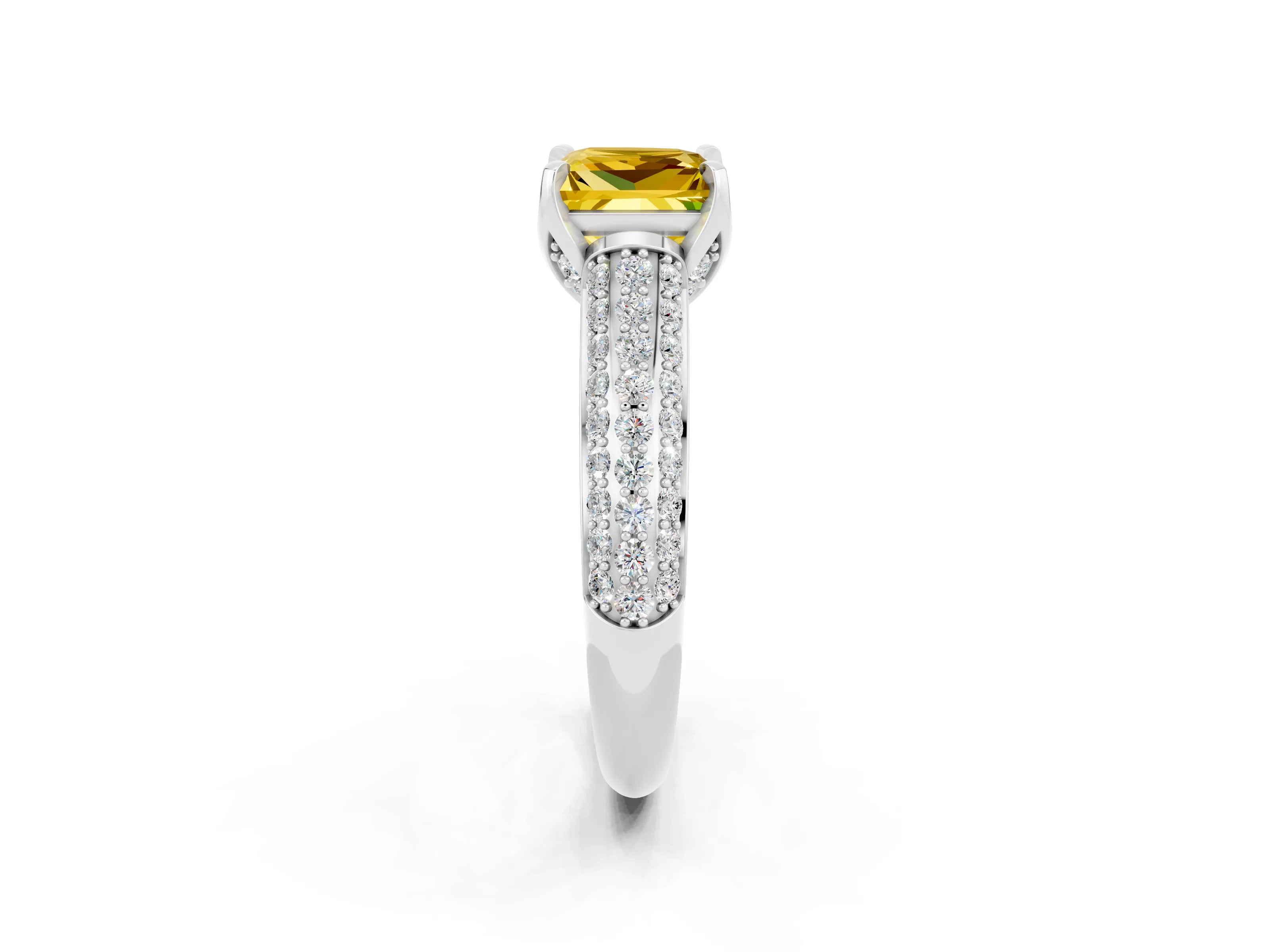 White gold Princess Cut Yellow Sapphire Solitaire Ring with Three-Row Pavé Band and Four-Prong Setting_14