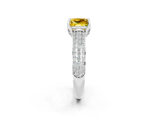 Silver Princess Cut Yellow Sapphire Solitaire Ring with Three-Row Pavé Band and Four-Prong Setting