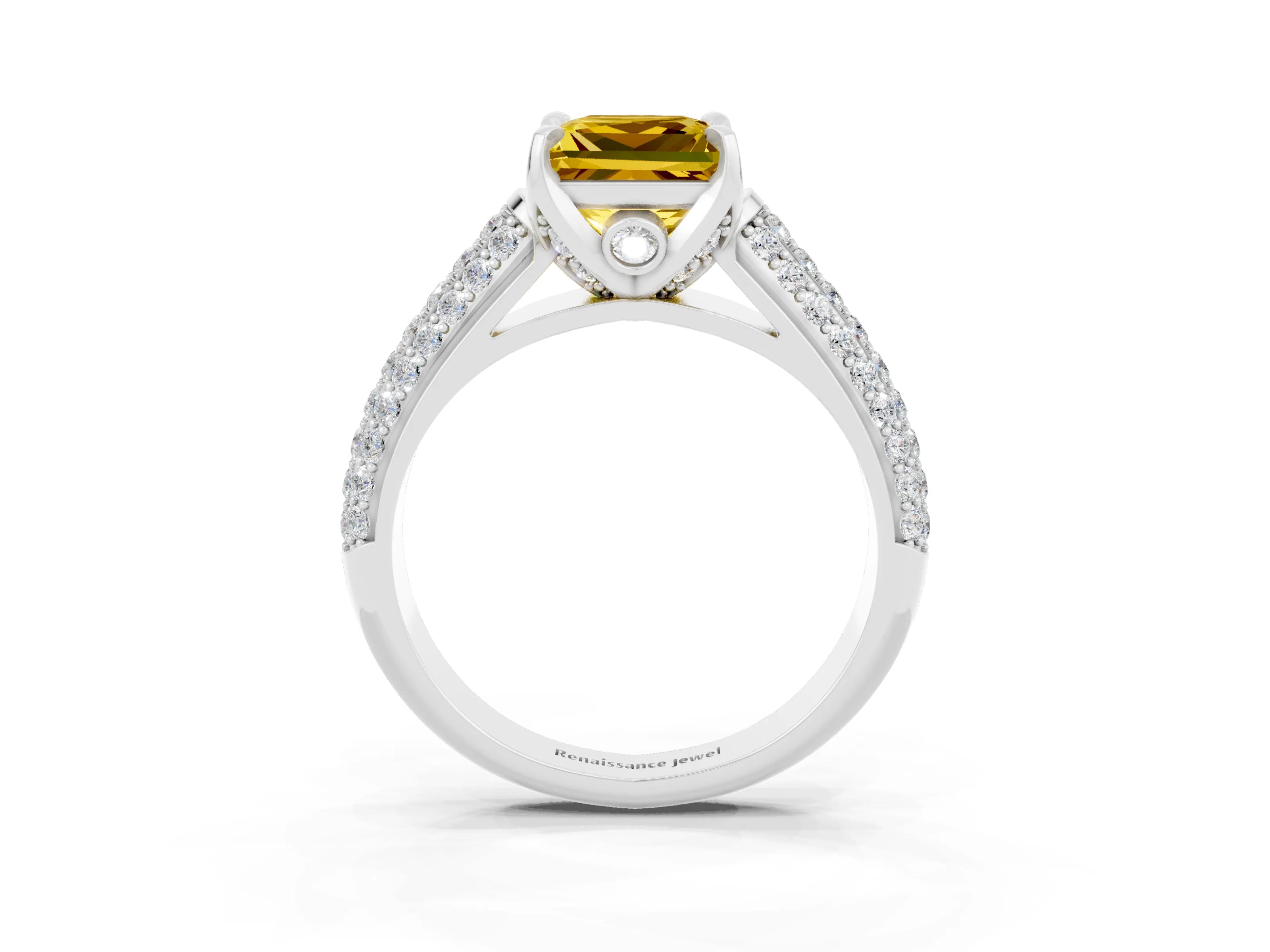 White gold Princess Cut Yellow Sapphire Solitaire Ring with Three-Row Pavé Band and Four-Prong Setting_15
