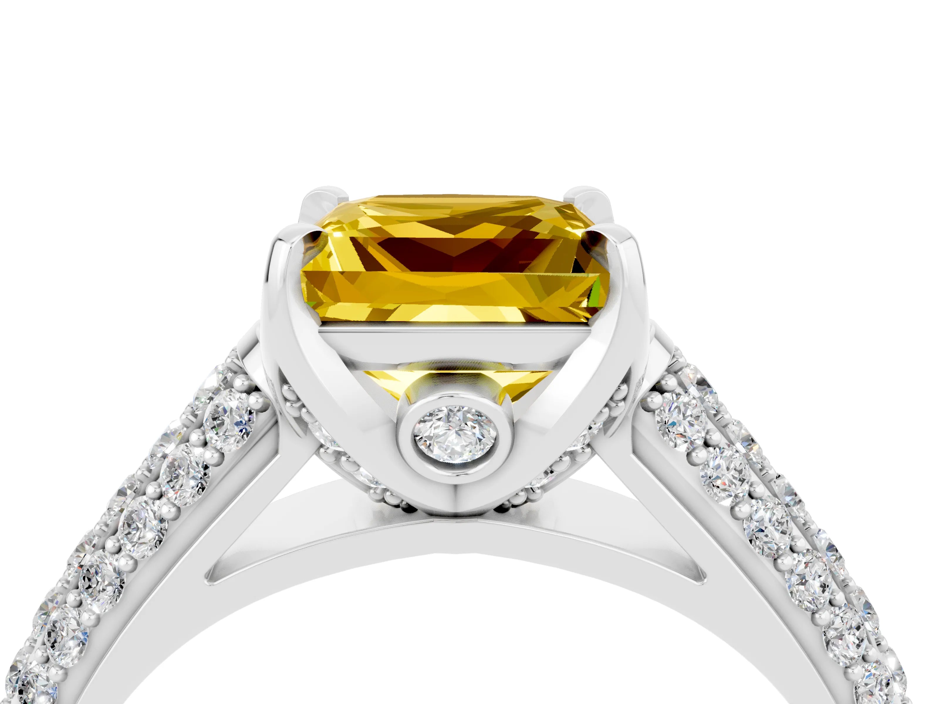 White gold Princess Cut Yellow Sapphire Solitaire Ring with Three-Row Pavé Band and Four-Prong Setting_16