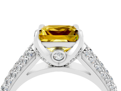 White gold Princess Cut Yellow Sapphire Solitaire Ring with Three-Row Pavé Band and Four-Prong Setting_16