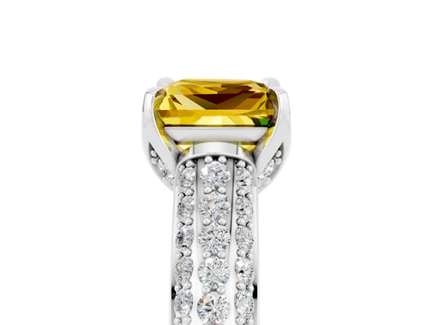 White gold Princess Cut Yellow Sapphire Solitaire Ring with Three-Row Pavé Band and Four-Prong Setting_17