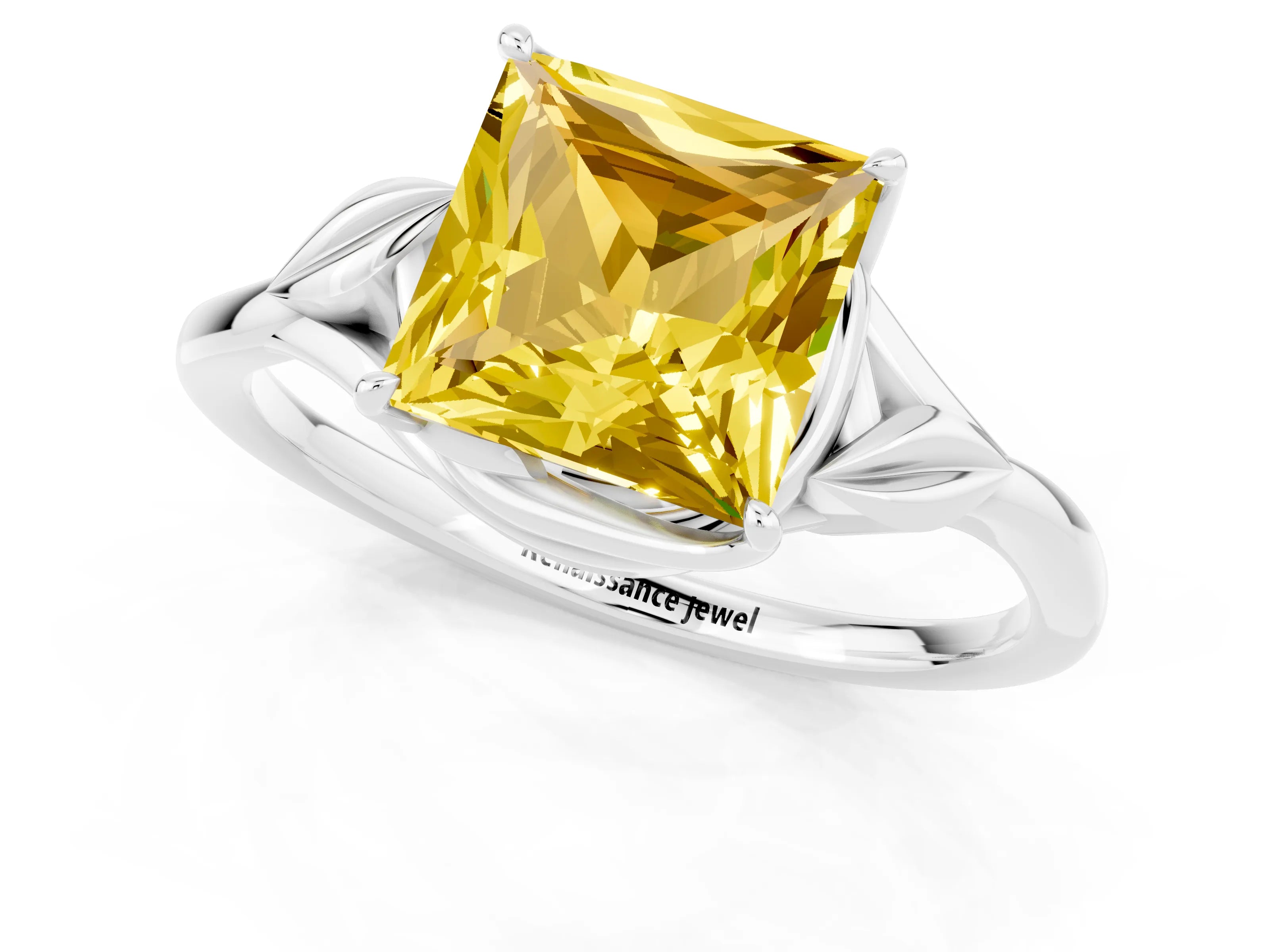 White gold Princess Cut Yellow Sapphire Solitaire Ring with Twist Band and Four-Prong Setting_13