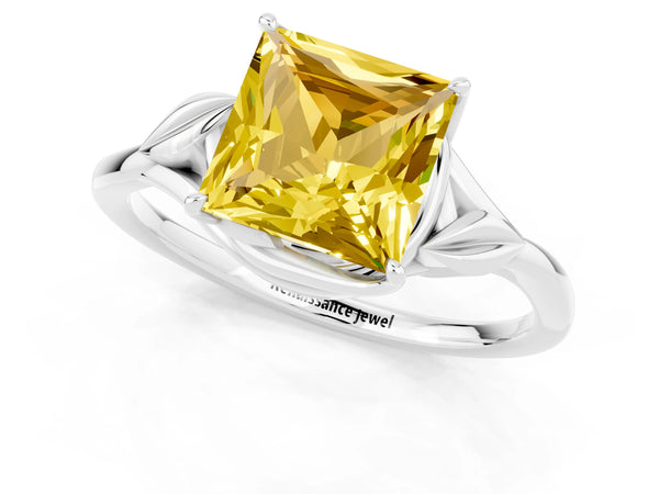 Platinum Princess Cut Yellow Sapphire Solitaire Ring with Twist Band and Four-Prong Setting