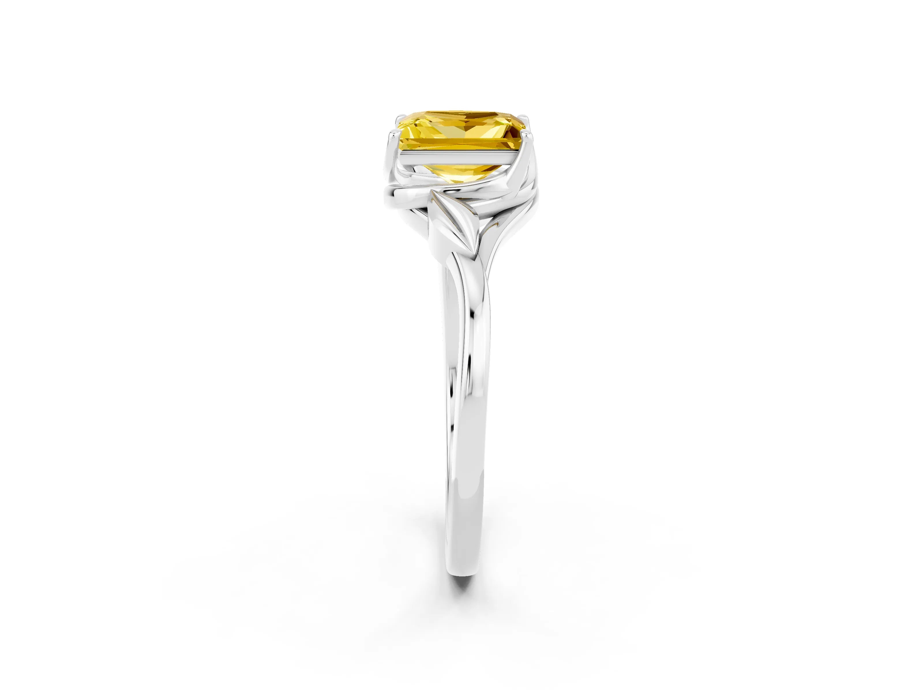 White gold Princess Cut Yellow Sapphire Solitaire Ring with Twist Band and Four-Prong Setting_14
